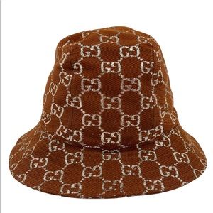 Gucci New With Tags GG Logo Monogrammed Brown Silver Bucket Wool/ Silk Hat Sz. M